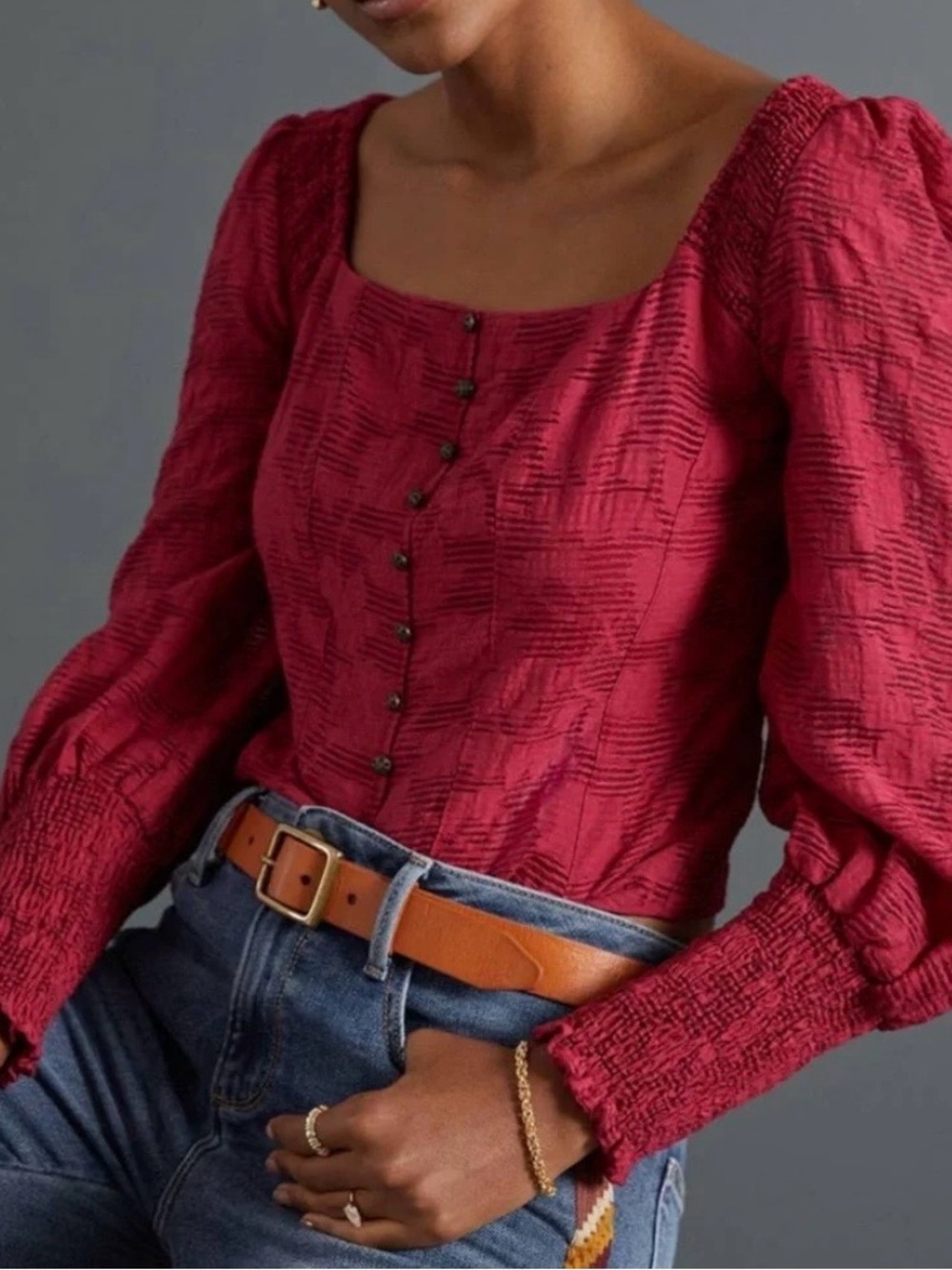 Anthropologie Romantic Puff Sleeve Blouse MP Red Raspberry Square Neck Button